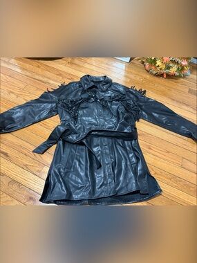 Black Faux Leather Fringe Tie-Waist Jacket - Women
